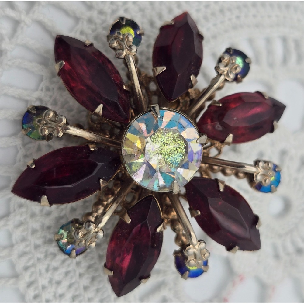 Vintage Rhinestone Brooch Pin Red Marquis Stones Layered Starburst Gold tone